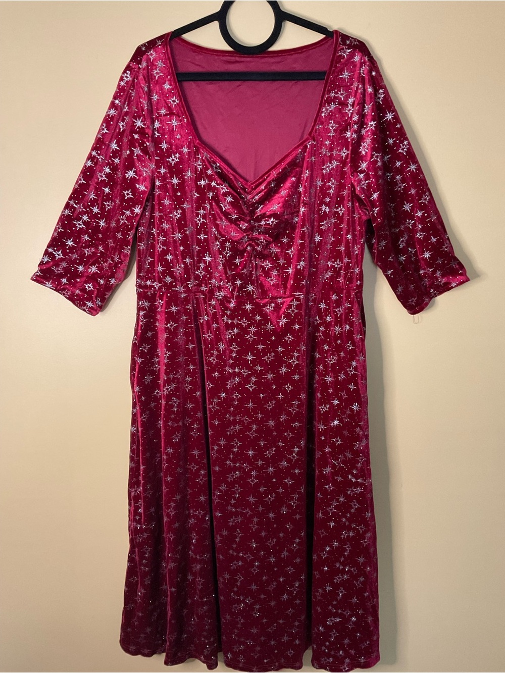BloomChic Red Velvet Midi Dress with Silver Star Accents